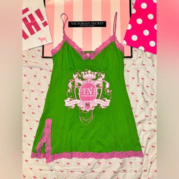 pink and green slip dress PINK Victoria's Secret | Dresses | Vs Pink Vintage Y2k Lace Trim Babydoll Slip  Dress Green Crest Bling Dog Nwot Lg